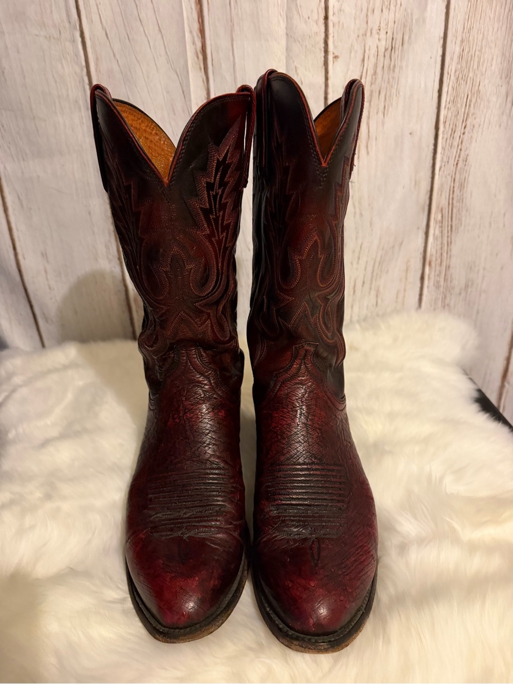 Lucchese Josephine Black Cherry Ostrich Leather Western Cowboy Boots